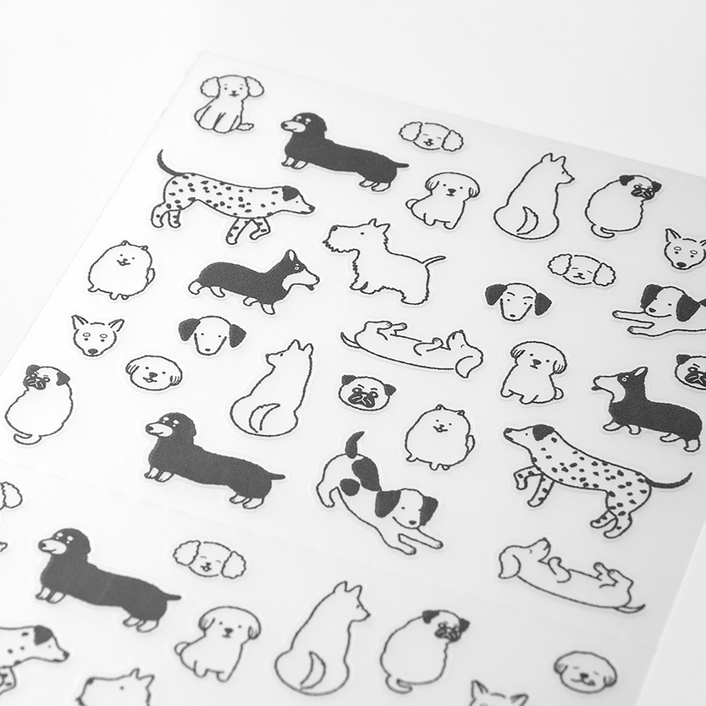Midori Chat Series dog stickers – 1 monochrome sheet with expressive dog illustrations for planners and journals
