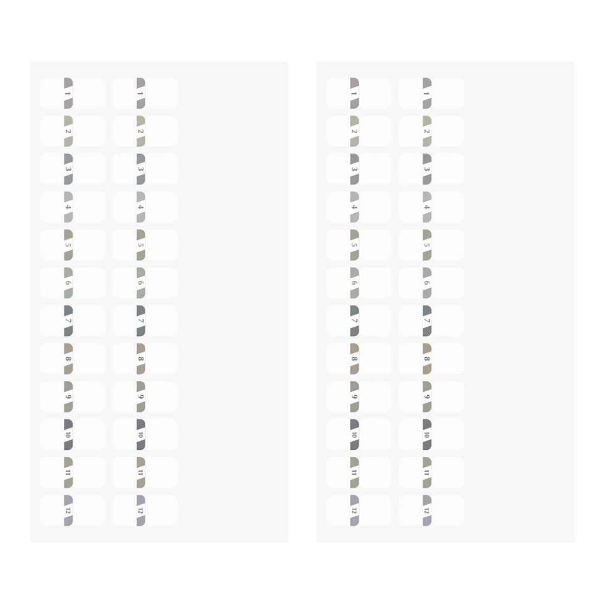 Two sheets of Midori Chiratto grey numbered index tabs