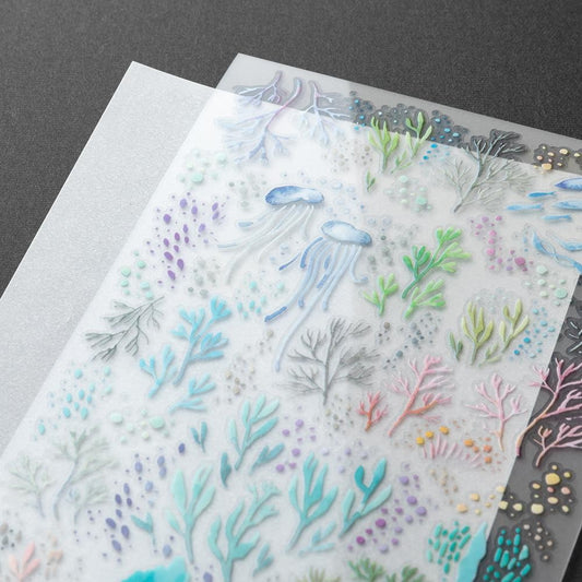 Midori watercolor seascape transfer stickers with jellyfish and seaweed in soft pastel tones