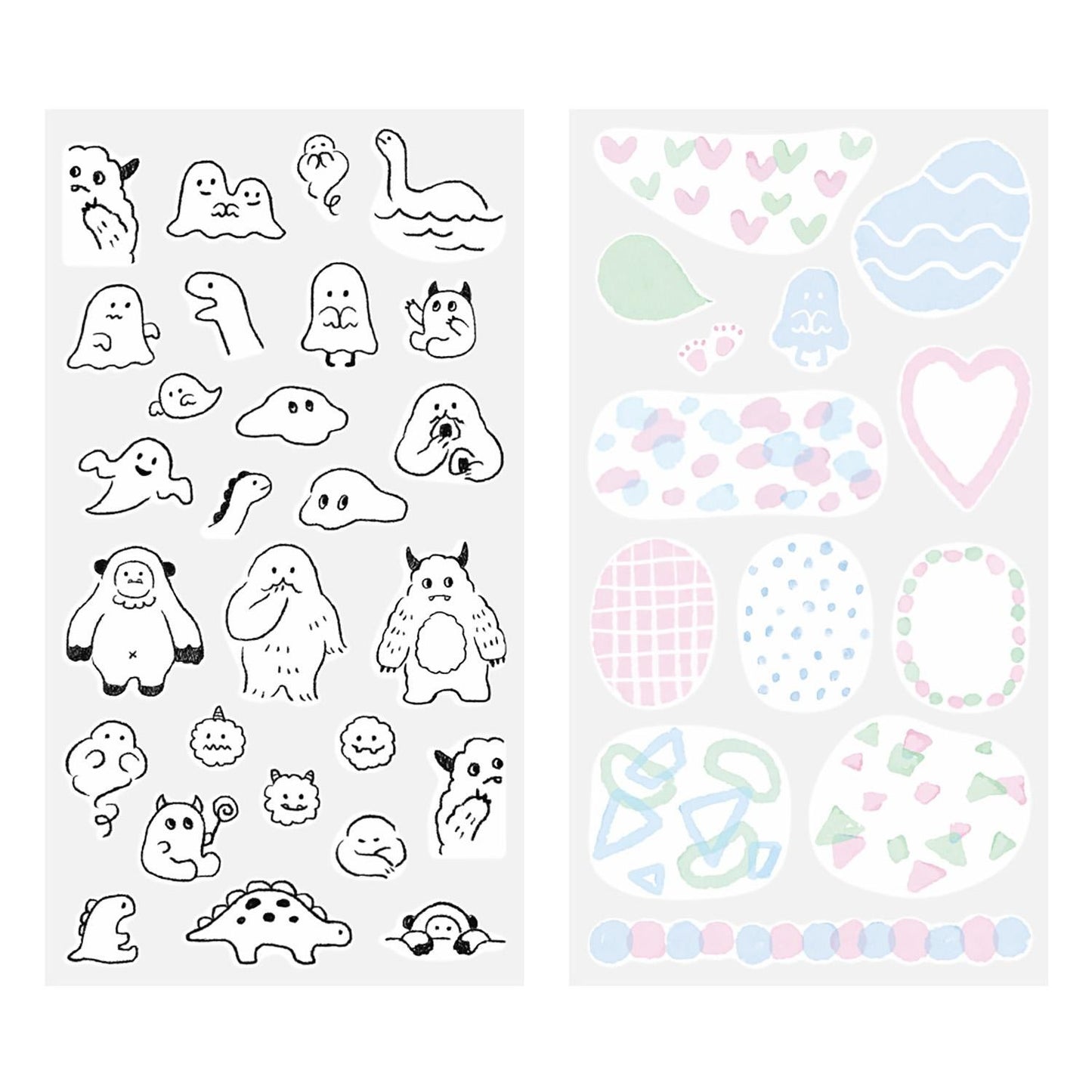 Midori Monster two-sheet sticker set – 1 sheet of monsters and 1 sheet of colourful patterned background stickers