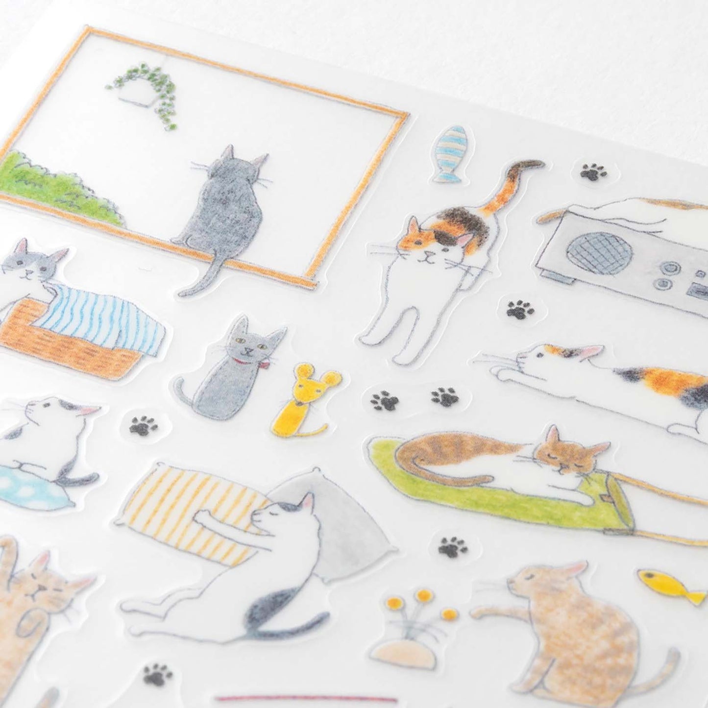 Midori cat sticker sheet – illustrated PET stickers of playful cats and paw prints for journaling and planners
