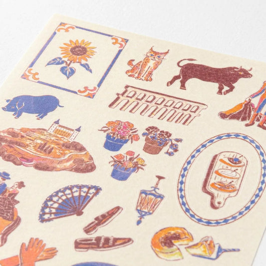 Midori travel series Spanish motifs washi sticker sheet with tapas, fans, tiles, architecture, and traditional Spanish illustrations