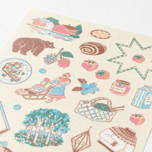 Midori travel series Finnish motifs washi sticker sheet with cabins, berries, reindeer, forests, and Nordic illustrations