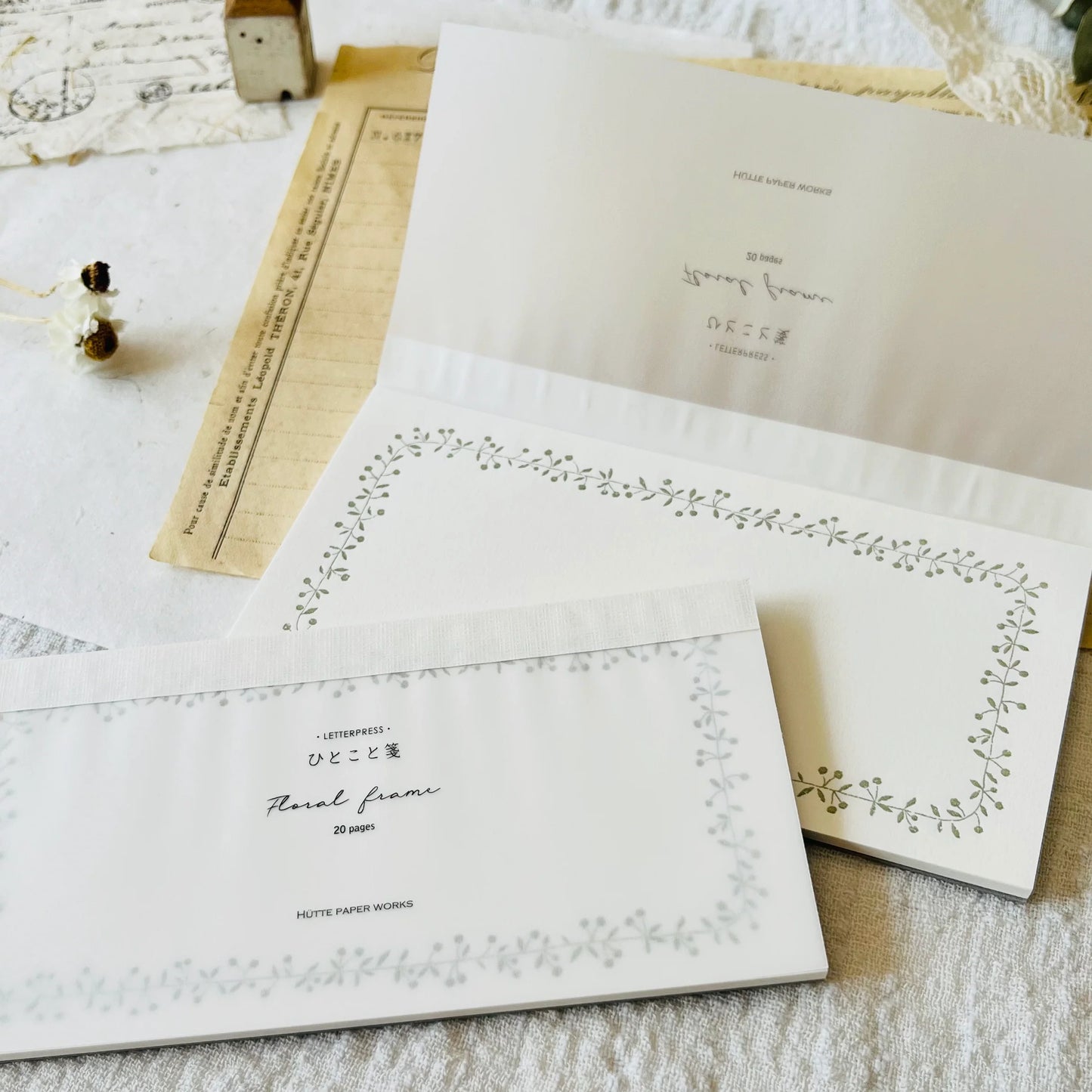 Hütte Paper Works Letterpress Notepad with green floral frame – 20 sheet mini memo pad from Japan