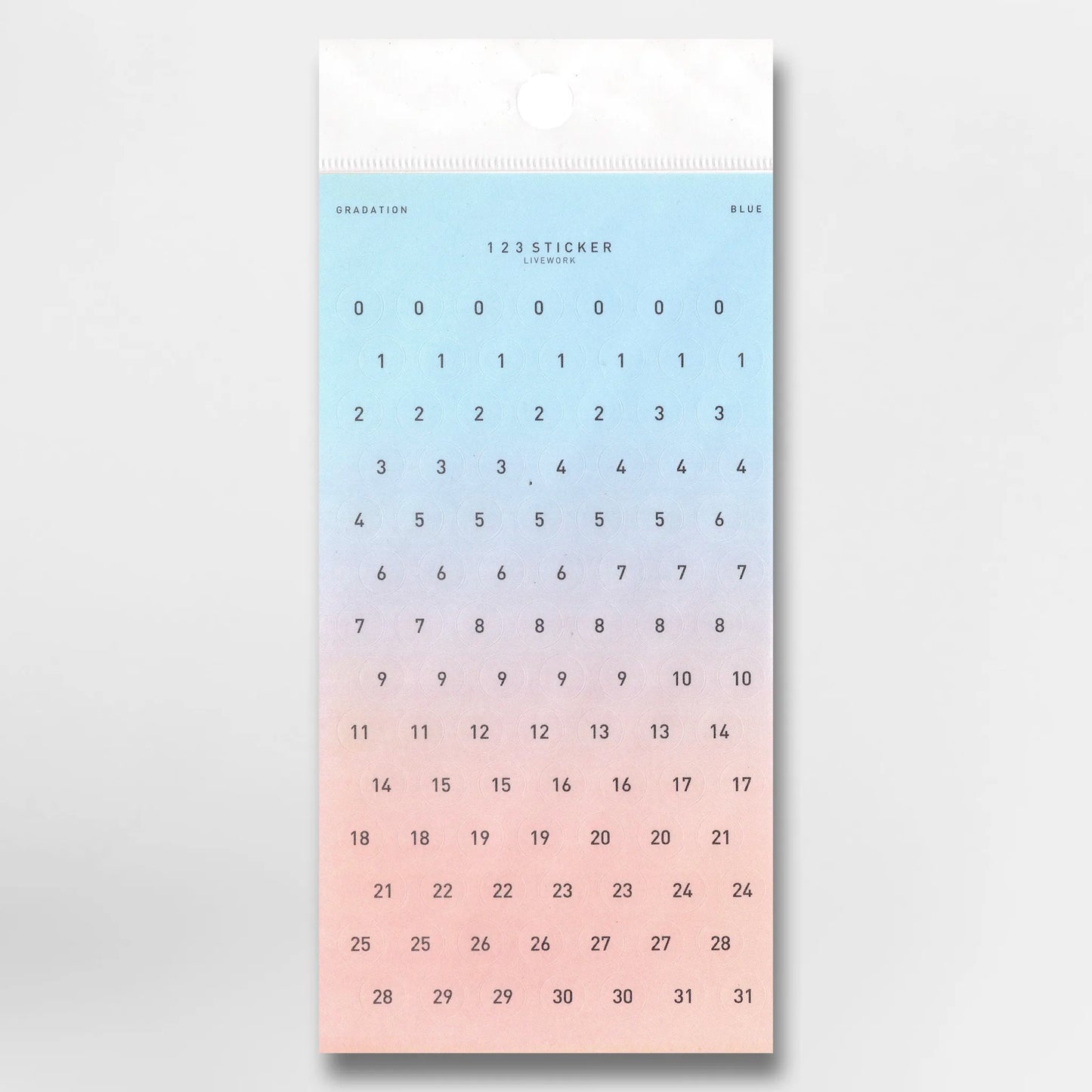 Livework Number 123 Sticker Sheet with pink to purple to blue gradient number stickers from 0 to 31