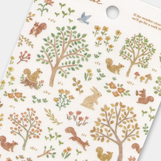 Mind Wave In the Forest squirrel tracing paper sticker sheet with woodland animals, trees, leaves, and soft muted colours