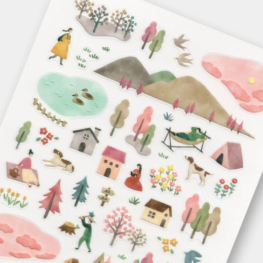 Mind Wave View Stickers 4:00 pm matte PET sticker sheet with illustrated landscapes and small scenic details