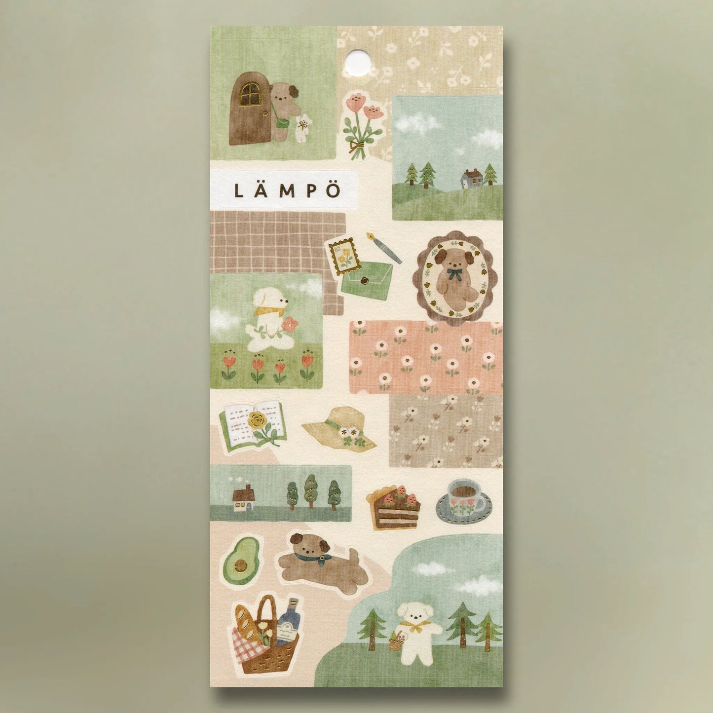 Mind Wave Lampo Stickers - Dog and Afternoon sheet featuring adorable dog illustrations with gold foil accents