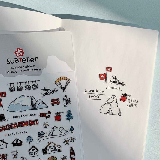 Suatelier Daily Deco A Walk in Swiss stickers with mountains chalets cable cars and Swiss landmarks