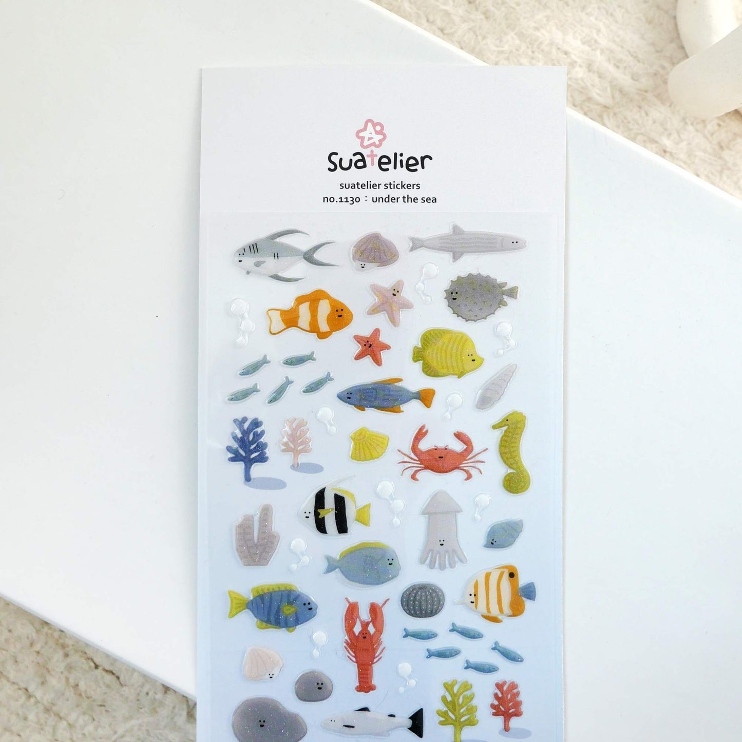 Suatelier Daily Deco Stickers Under the Sea with glossy epoxy fish, starfish, coral, seashells and ocean creatures.