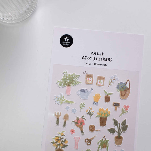 Suatelier Daily Deco 1142 Flower Café sticker sheet with potted plants, flowers, gardening tools, and café-themed illustrations