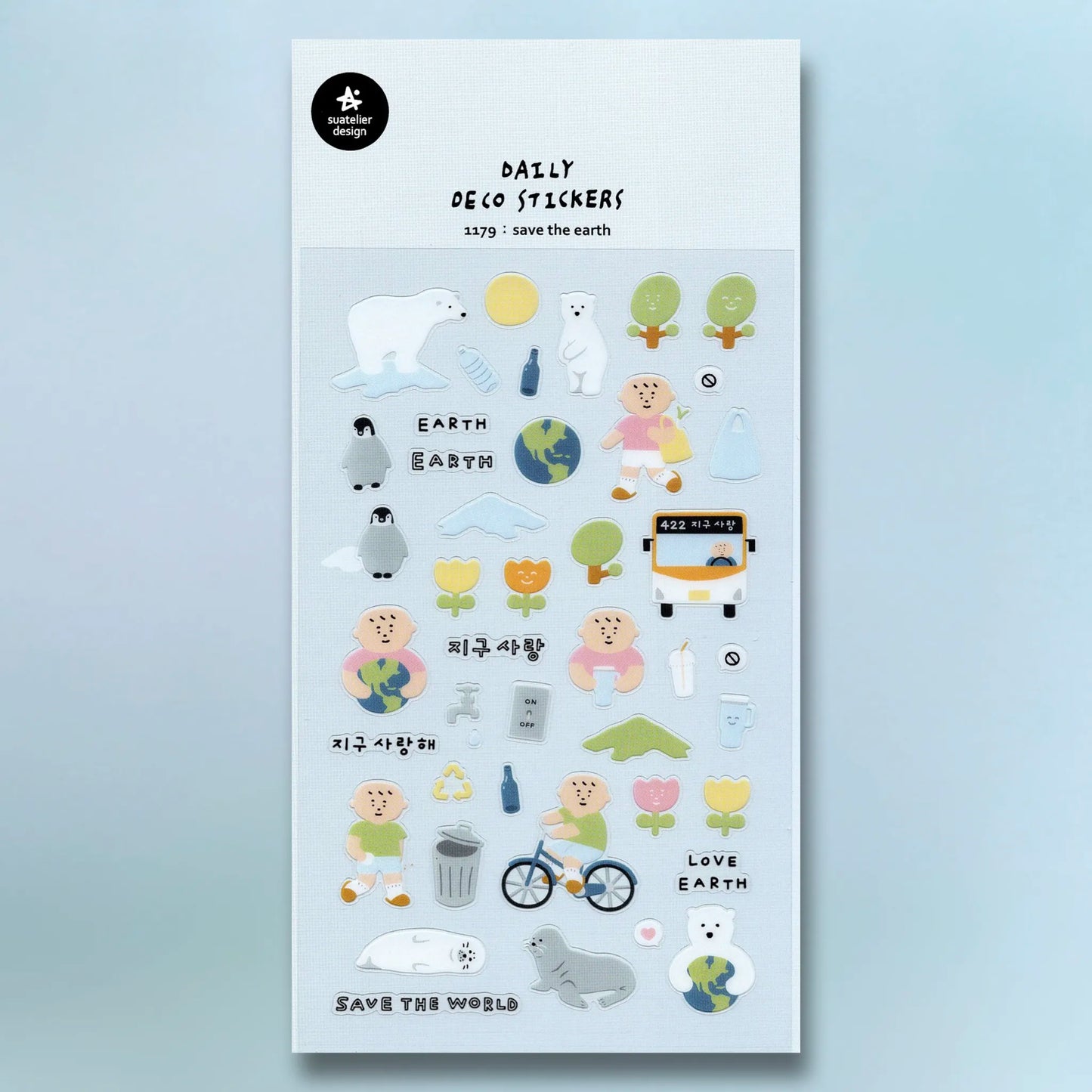 Suatelier Daily Deco Stickers 1179 - Save the Earth sheet with polar bears, penguins, trees, flowers, kids, and sea animals