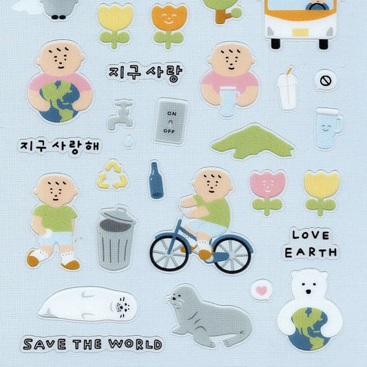 Suatelier Daily Deco Stickers 1179 - Save the Earth sheet with polar bears, penguins, trees, flowers, kids, and sea animals