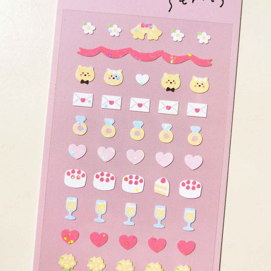 Suatelier Deco.12 love and marriage mini sticker sheet with wedding rings, hearts, cakes, champagne glasses, flowers, and bear characters