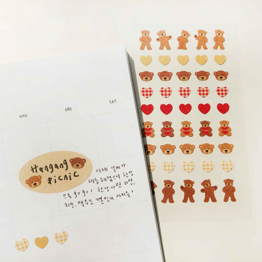 Suatelier Deco.04 teddy bear mini sticker sheet with small bears and heart icons in warm tones
