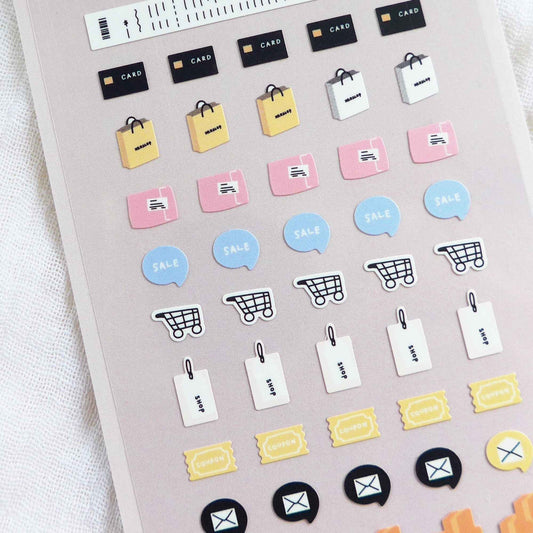 Suatelier Mini Series shopping icon sticker sheet with carts, tags, receipts and money icons for planners and journaling