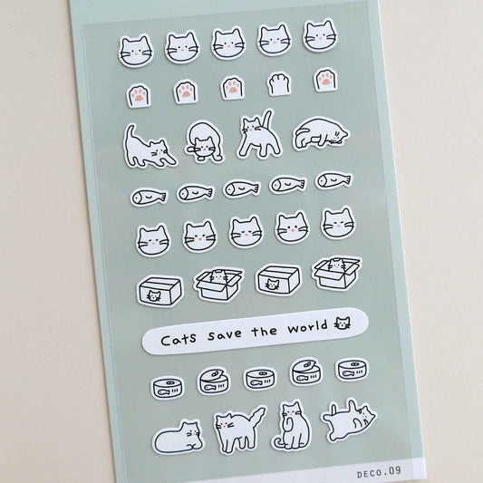Suatelier Mini Series cat icon sticker sheet with small cat faces, paws and playful cat illustrations for planners and journaling