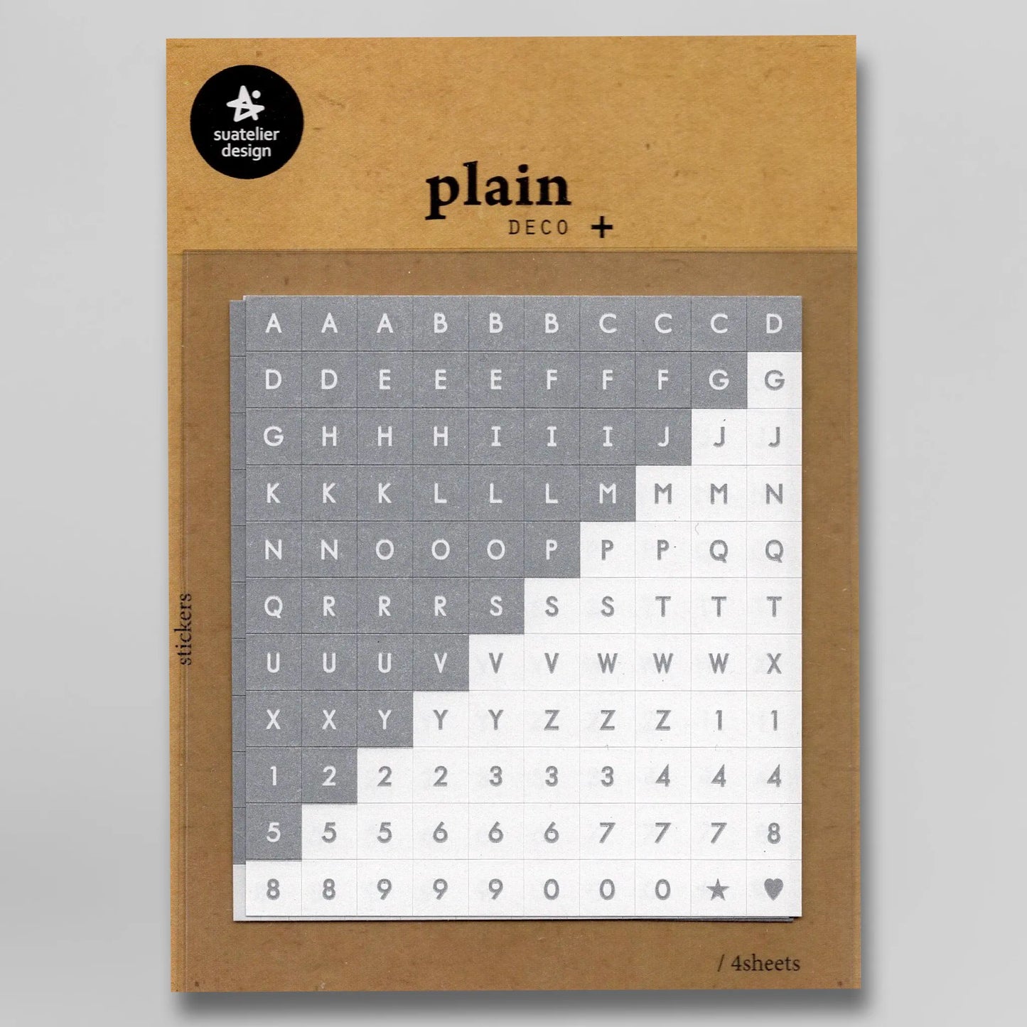 Suatelier Plain Deco Stickers Plain.30 set with 4 sheets of silver and white alphabet and number stickers