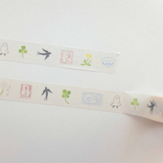 Suatelier Washi Tape 708 Illust 05 bird clover ghost and vintage stamp illustration 15mm x 7m decorative paper tape