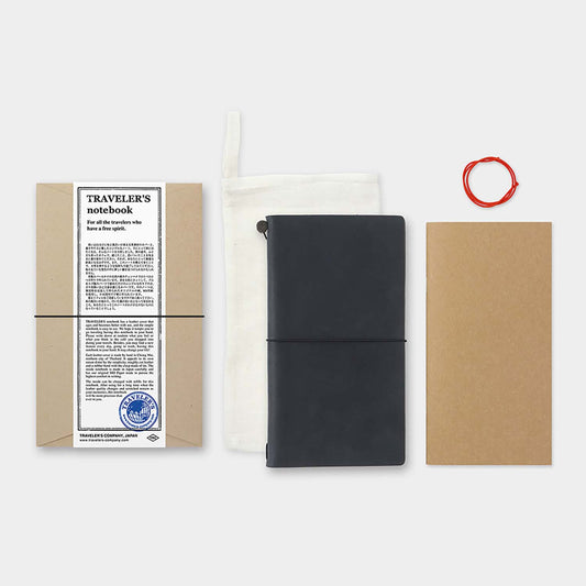 TRAVELER’S notebook Black Passport Size leather cover by TRAVELER’S Company with blank refill, cotton bag and spare band