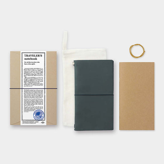 TRAVELER’S notebook Blue Regular Size leather cover by TRAVELER’S Company with blank refill, cotton bag and spare band