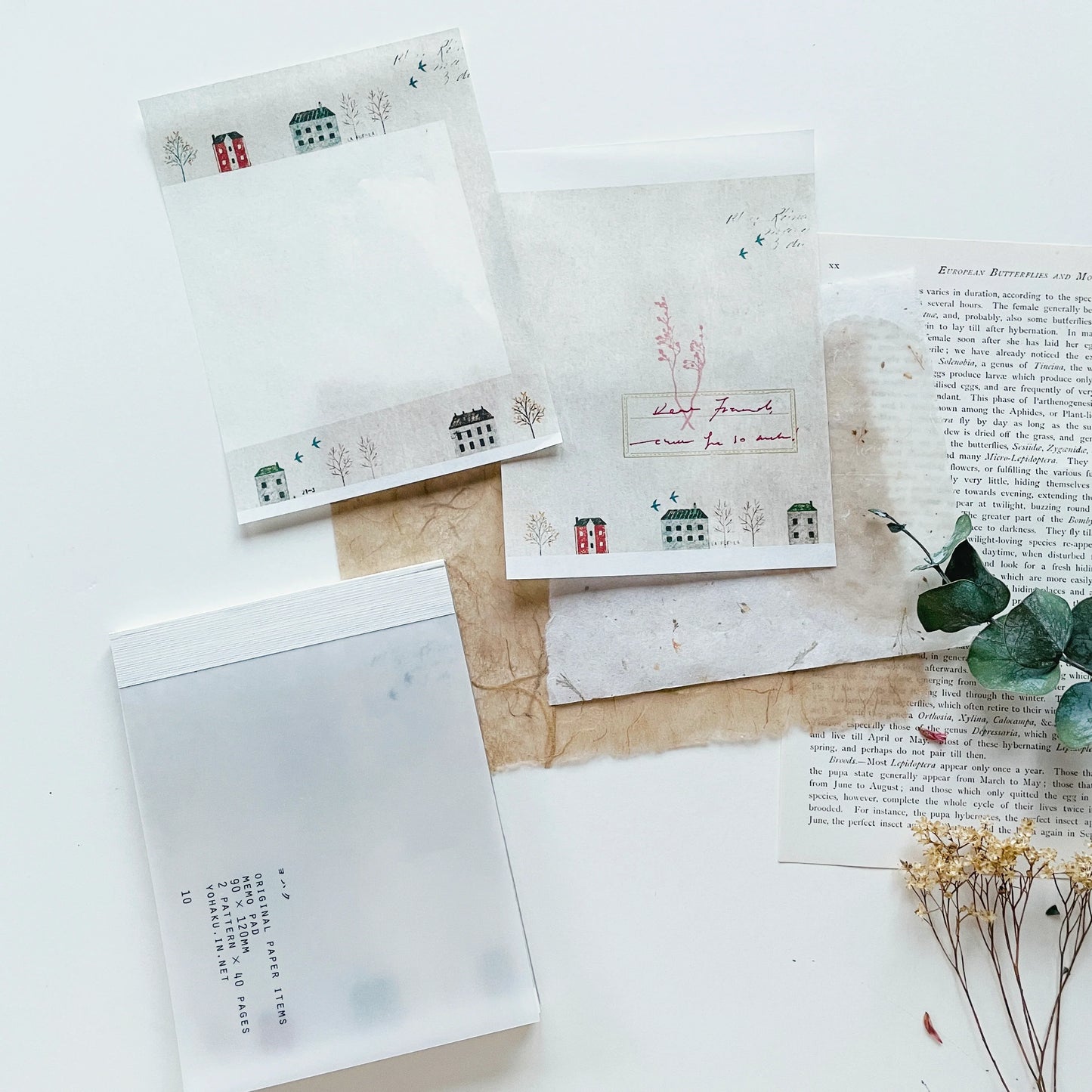 Yohaku Notepad – Itukano Machikado with two nostalgic house designs on soft semi-translucent paper