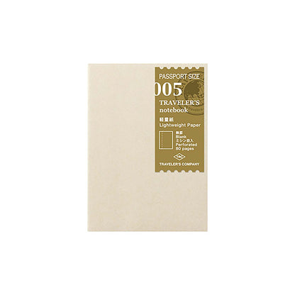 TRAVELER’S notebook Passport Size Refill 005 with lightweight, perforated blank pages – ideal for portable journaling.