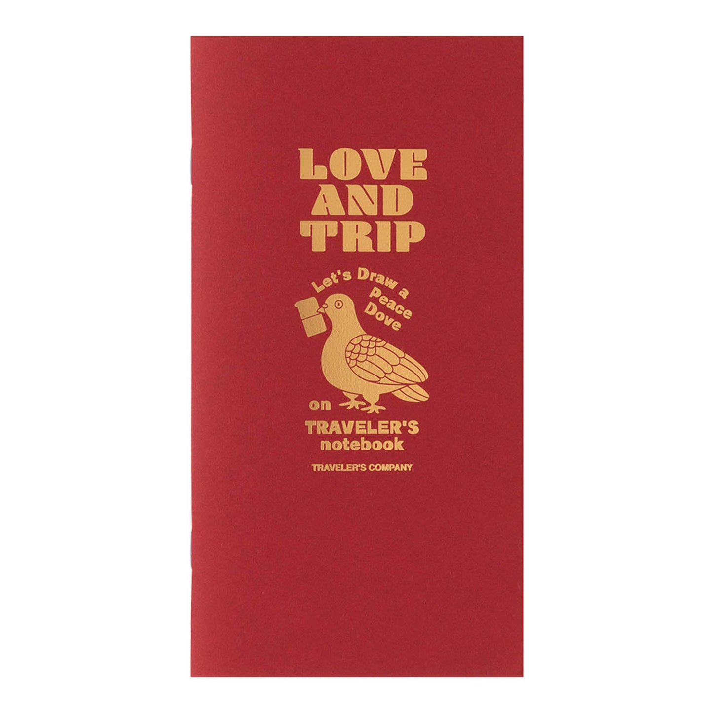 TRAVELER’S notebook Love & Trip refill with red cover and gold foil dove design. Includes MD Cream Paper and perforated message cards.