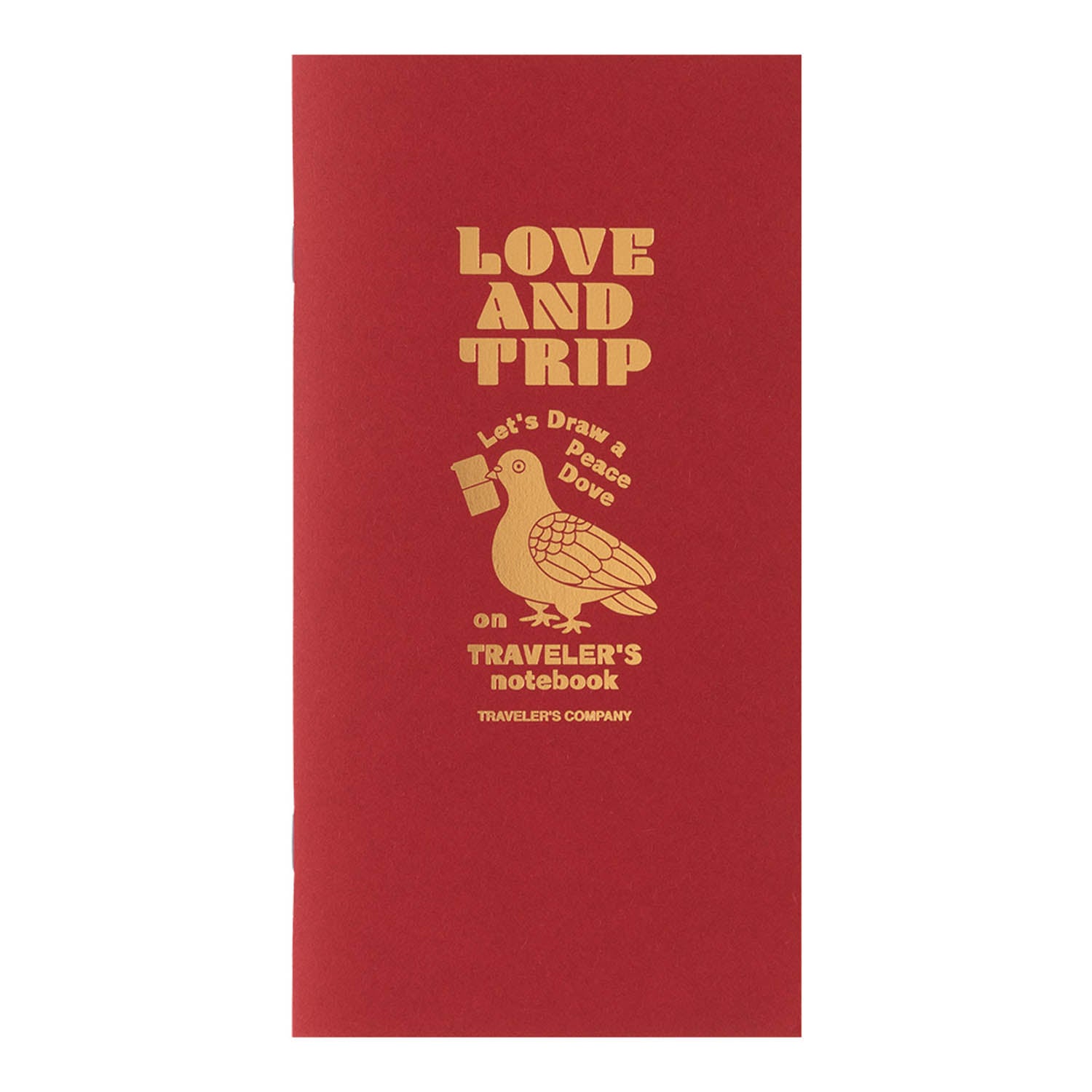 TRAVELER’S notebook Love & Trip refill with red cover and gold foil dove design. Includes MD Cream Paper and perforated message cards.