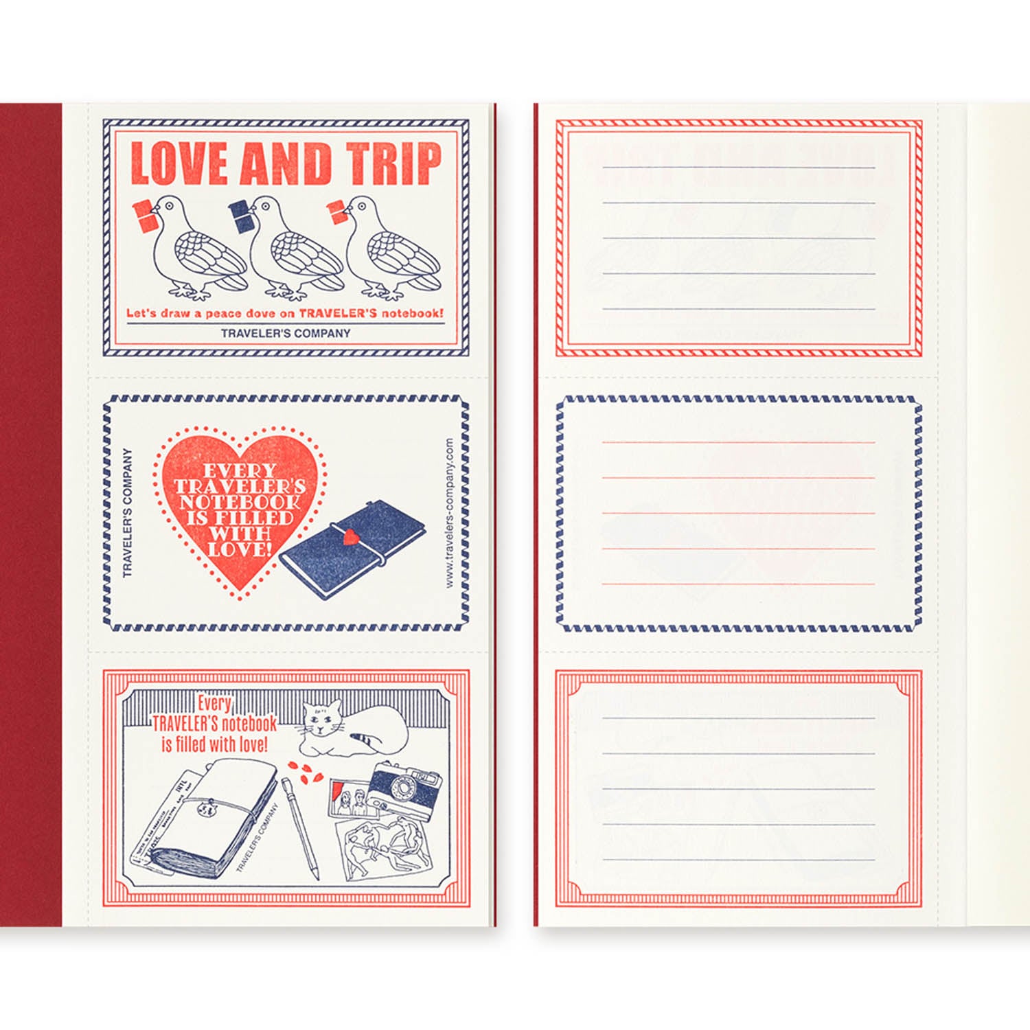 TRAVELER’S notebook Love & Trip refill with red cover and gold foil dove design. Includes MD Cream Paper and perforated message cards.