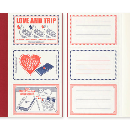 TRAVELER’S notebook Love & Trip refill with red cover and gold foil dove design. Includes MD Cream Paper and perforated message cards.