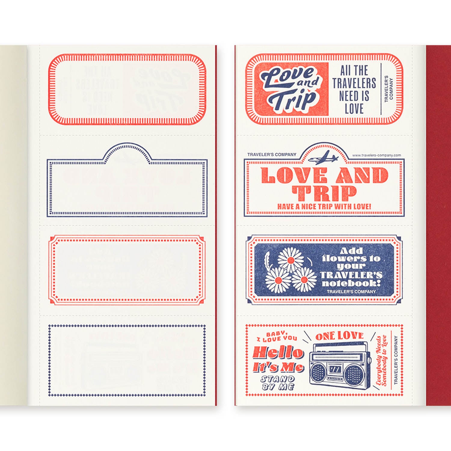 TRAVELER’S notebook Love & Trip refill with red cover and gold foil dove design. Includes MD Cream Paper and perforated message cards.