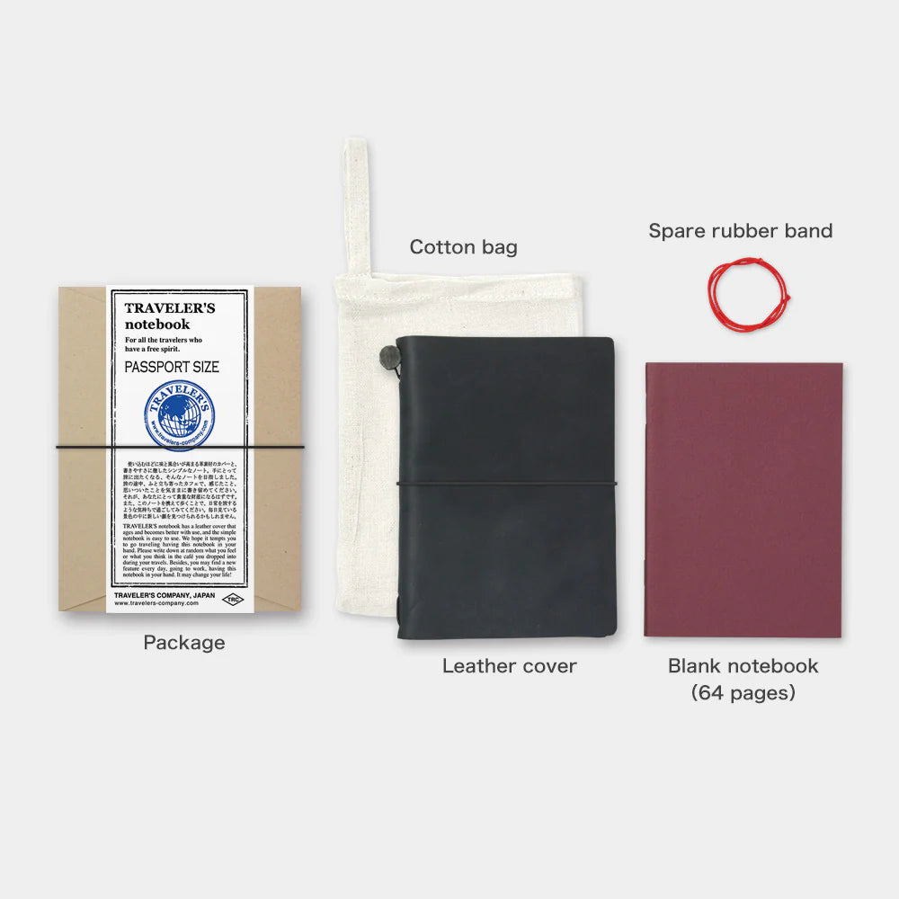 TRAVELER’S notebook Black Passport Size leather cover by TRAVELER’S Company with blank refill, cotton bag and spare band