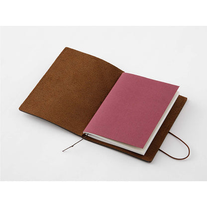 TRAVELER’S notebook Passport Size in Brown – leather cover with elastic closure, shown with accessories including cotton bag, refill, and spare band.