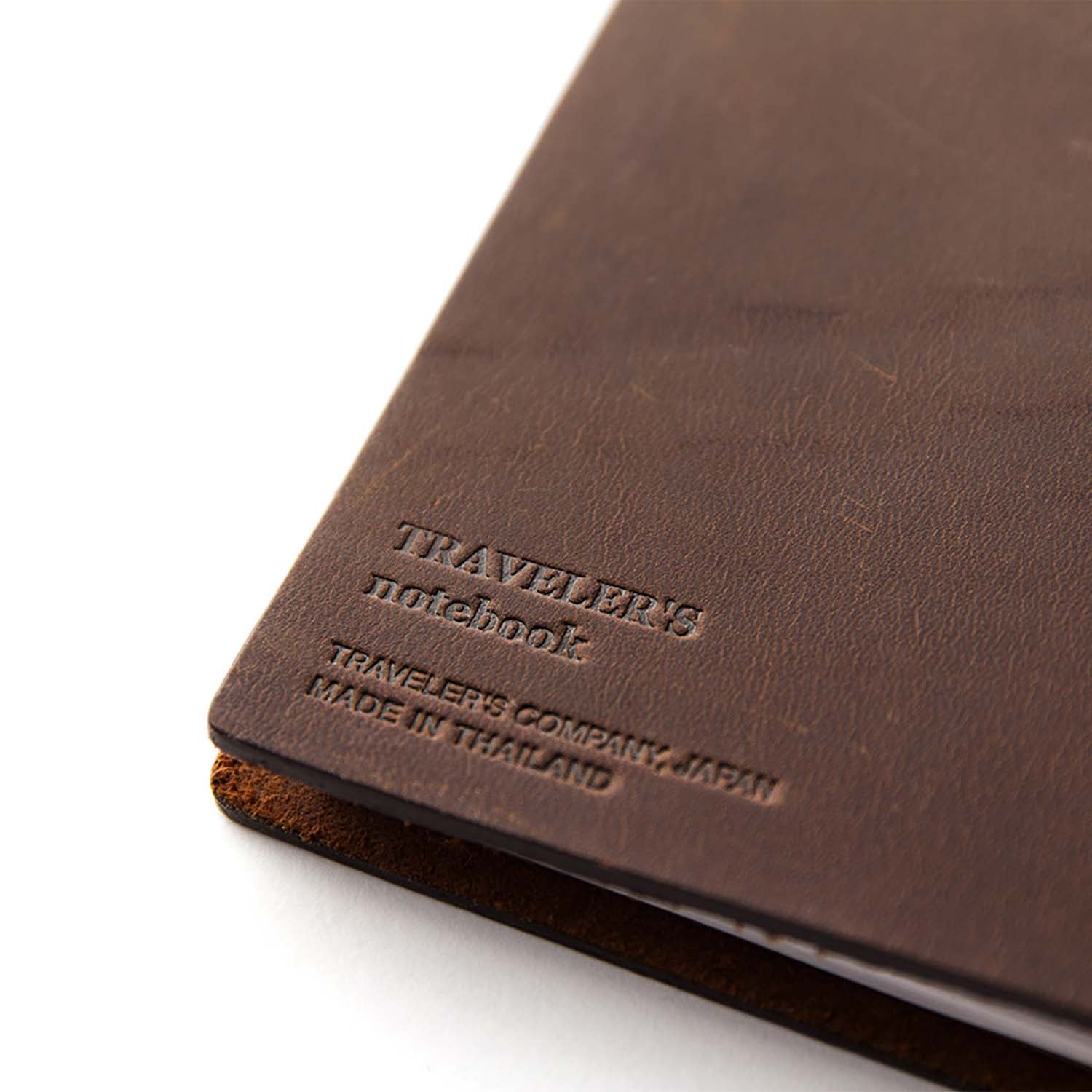 TRAVELER’S notebook Passport Size in Brown – leather cover with elastic closure, shown with accessories including cotton bag, refill, and spare band.