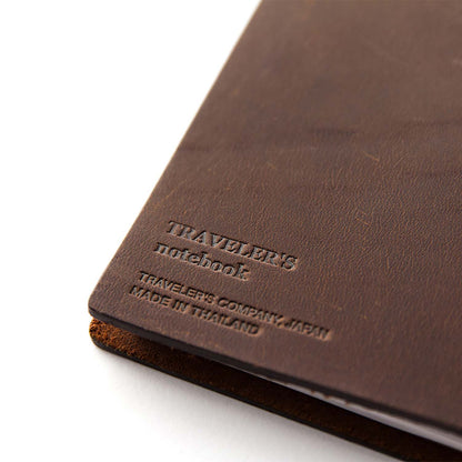 TRAVELER’S notebook Passport Size in Brown – leather cover with elastic closure, shown with accessories including cotton bag, refill, and spare band.