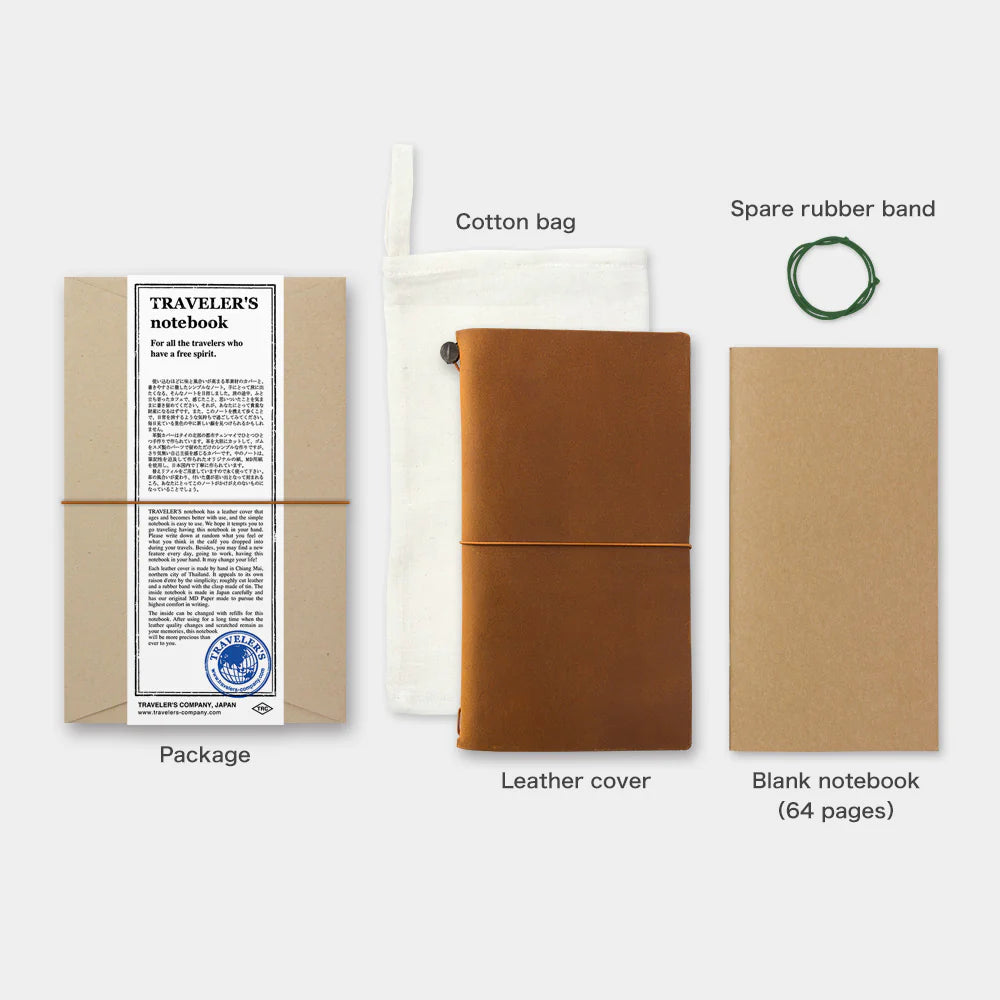 TRAVELER’S notebook Camel Regular Size leather cover by TRAVELER’S Company with blank refill, cotton bag and spare band