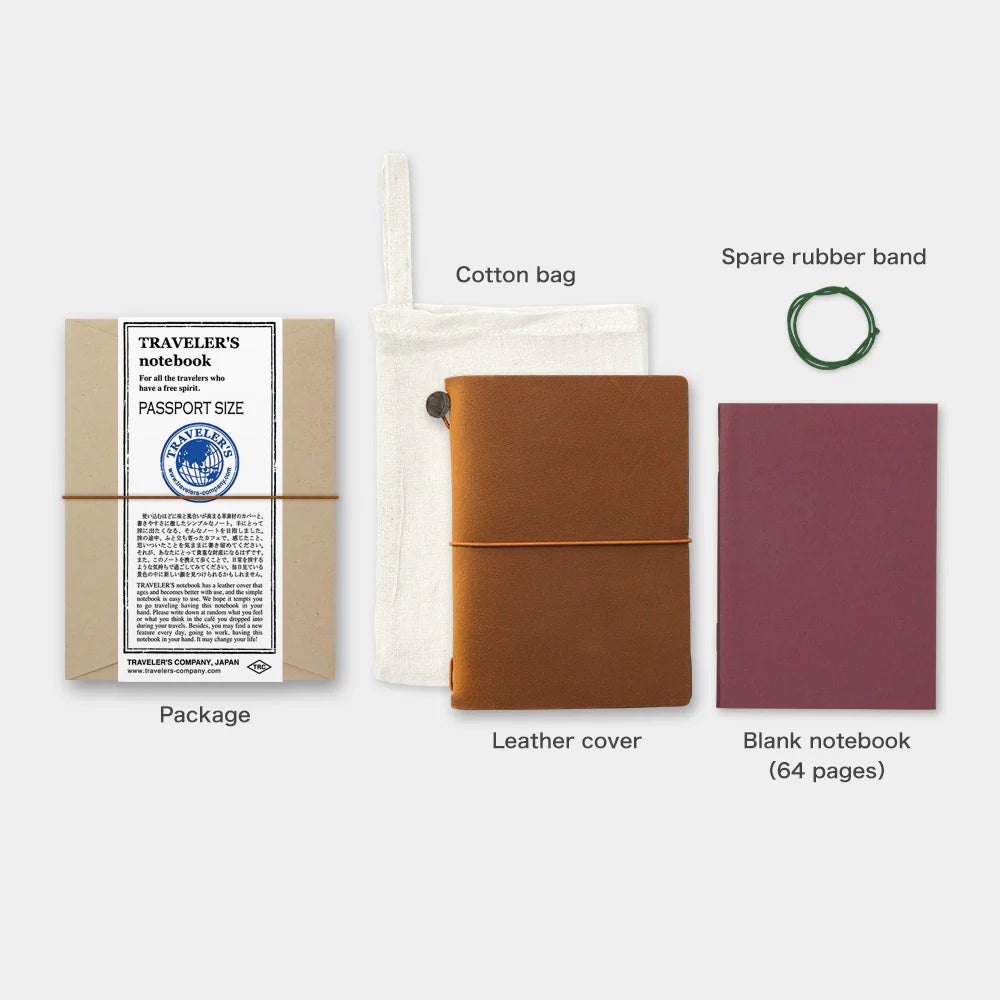TRAVELER’S notebook Camel Passport Size leather cover by TRAVELER’S Company with blank refill, cotton bag and spare band