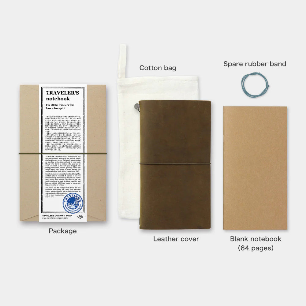 TRAVELER’S notebook Starter Kit in Olive – Regular Size leather cover with blank refill, cotton bag, and spare band