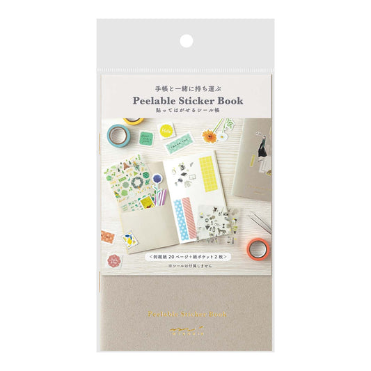 Midori sticker book with pocket in grey—20 peel-off pages plus 2 pockets for carrying stickers on the go