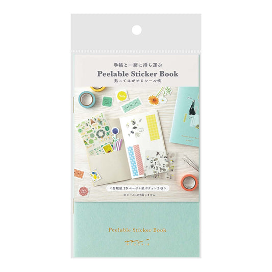 Midori sticker book with pocket in light blue—20 peel-off pages plus 2 pockets for carrying stickers on the go