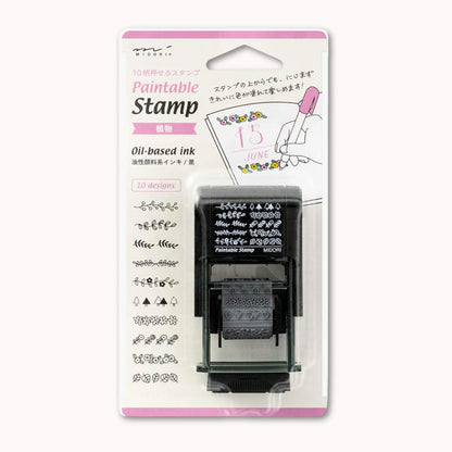 Midori rotating botanical stamp with multiple leaf and floral designs, pre-inked paintable Japanese stationery stamp
