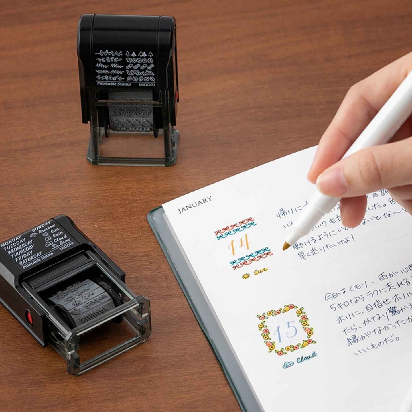 Midori rotating botanical stamp with multiple leaf and floral designs, pre-inked paintable Japanese stationery stamp