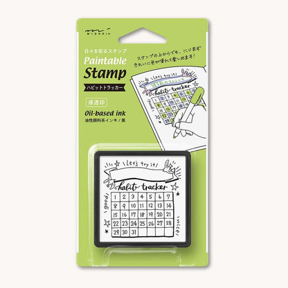 Midori pre-inked habit tracker stamp with monthly grid layout, black ink design, paintable journal stamp for tracking habits