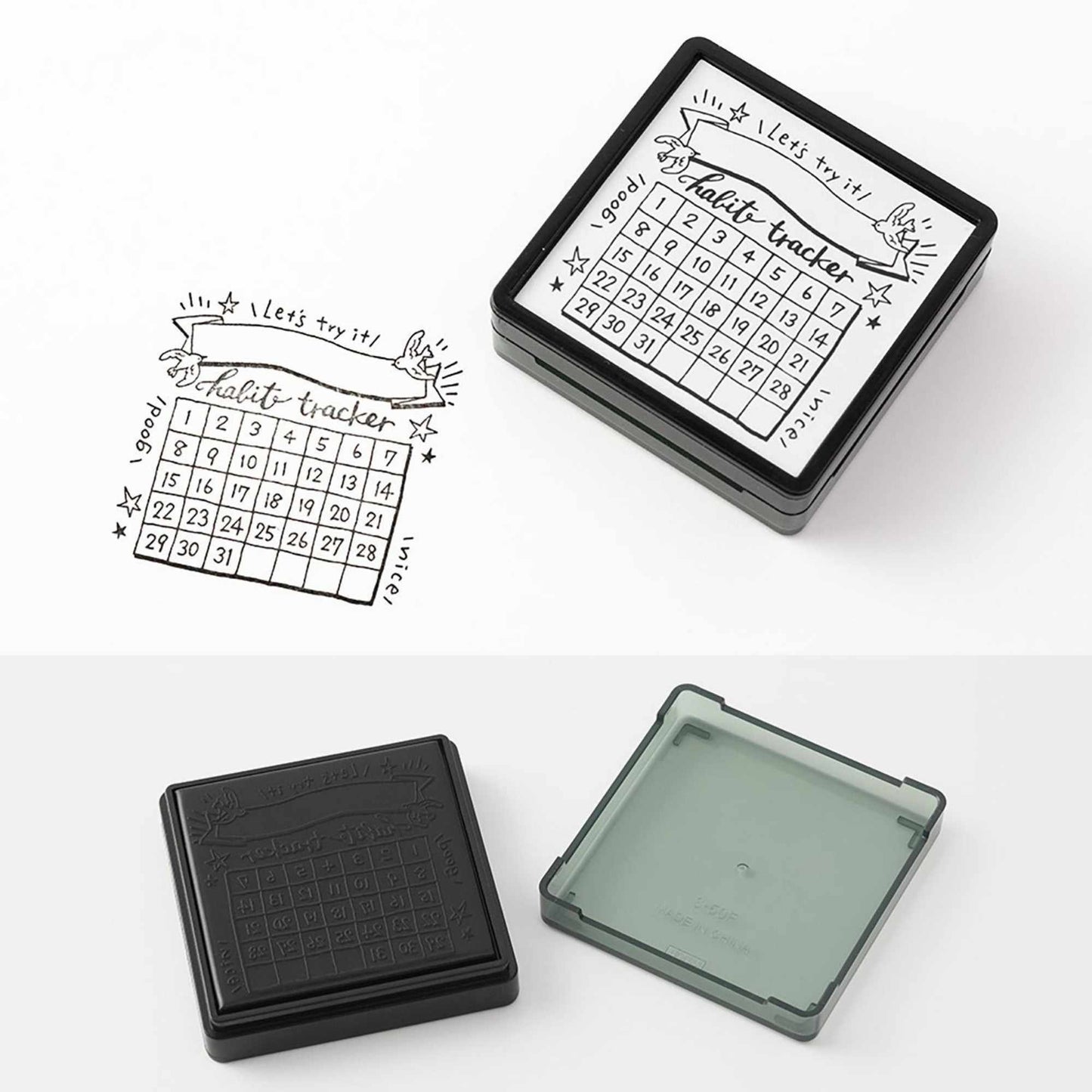 Midori pre-inked habit tracker stamp with monthly grid layout, black ink design, paintable journal stamp for tracking habits