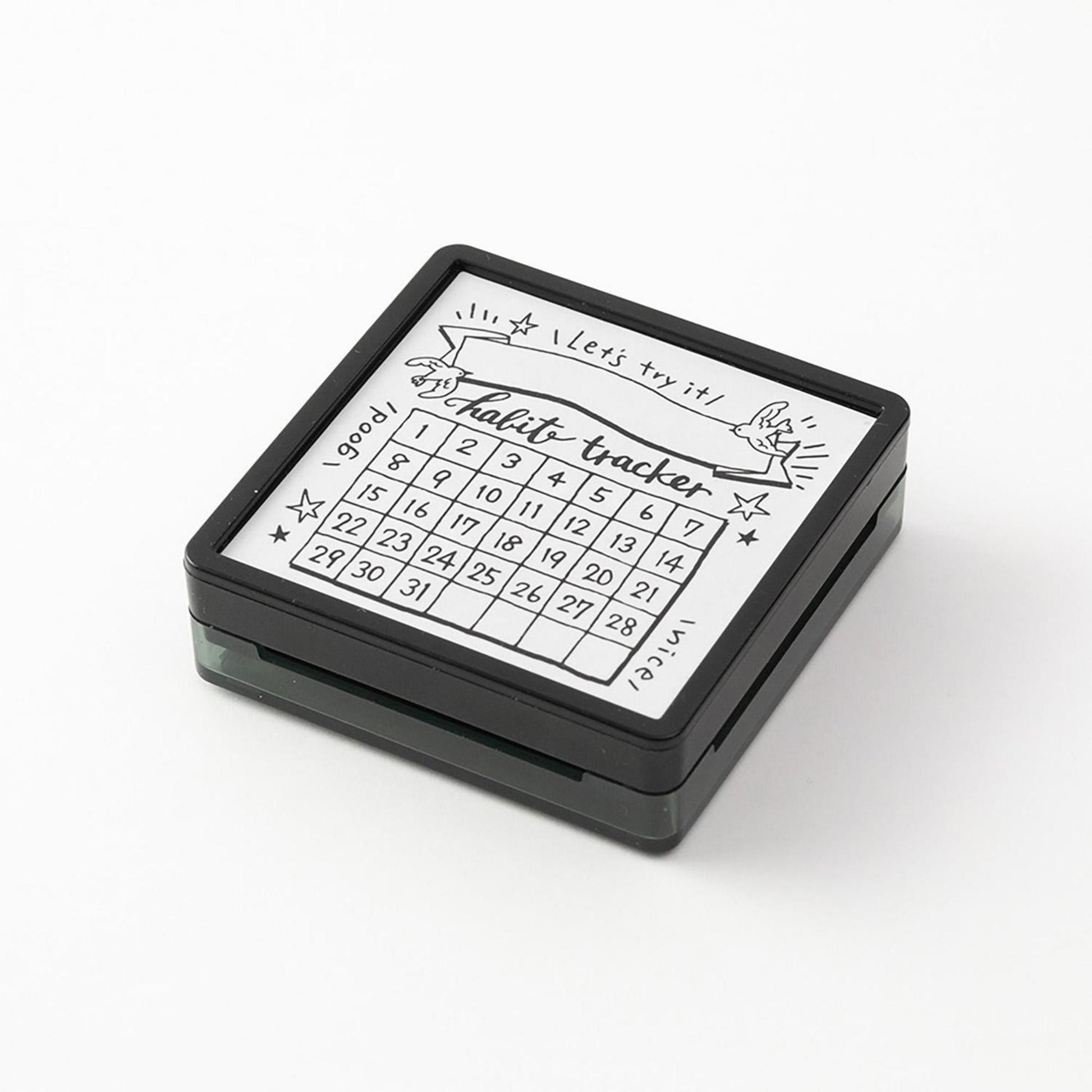 Midori pre-inked habit tracker stamp with monthly grid layout, black ink design, paintable journal stamp for tracking habits