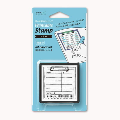 Midori pre-inked expense tracker stamp with receipt-style layout for tracking spending, black ink design, paintable journal stamp