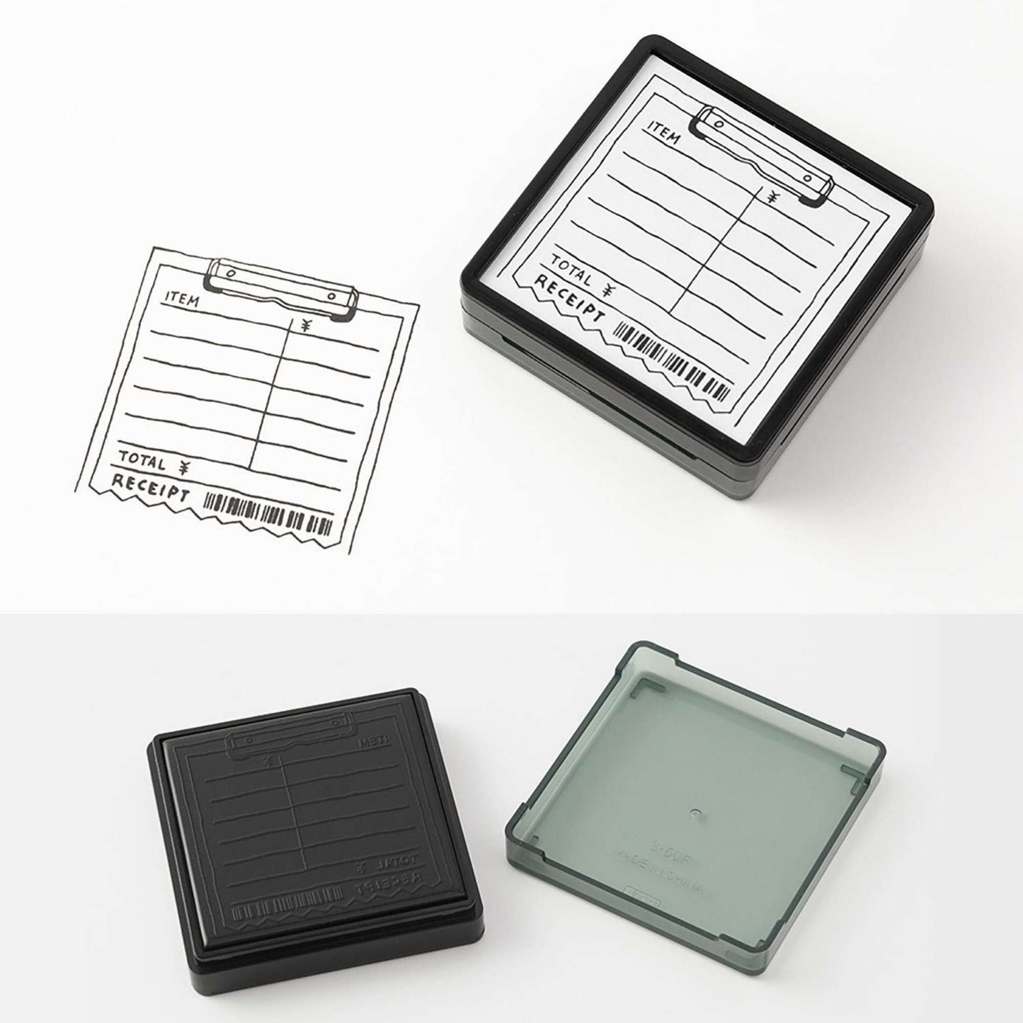Midori pre-inked expense tracker stamp with receipt-style layout for tracking spending, black ink design, paintable journal stamp