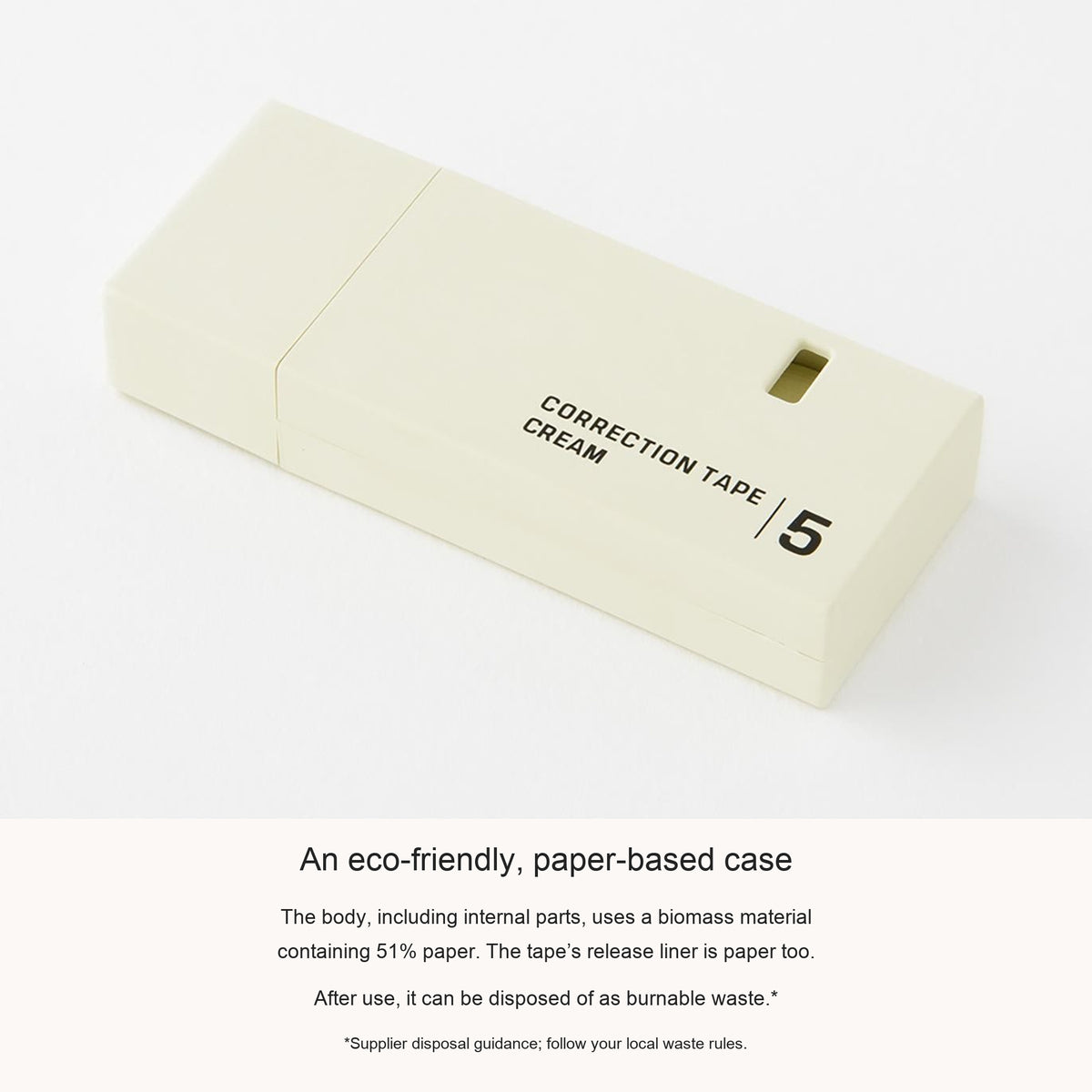 Midori cream correction tape with English information about its paper-based case
