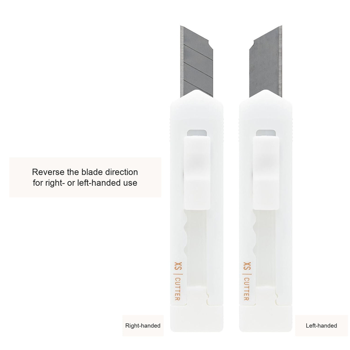 Midori XS white cutter showing the blade from both sides, with English feature captions